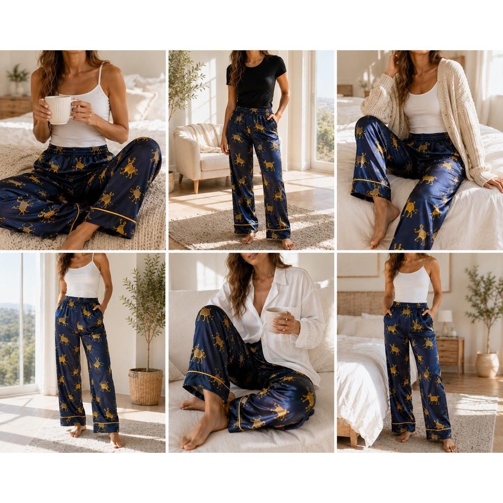Leopard Pajama Pants Womens Medium Navy Blue Satin Sleepwear Loungewear